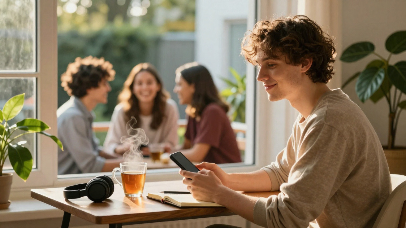Jovem sentado ao computador com chá quente e auscultadores, enquanto três amigos conversam pela janela.