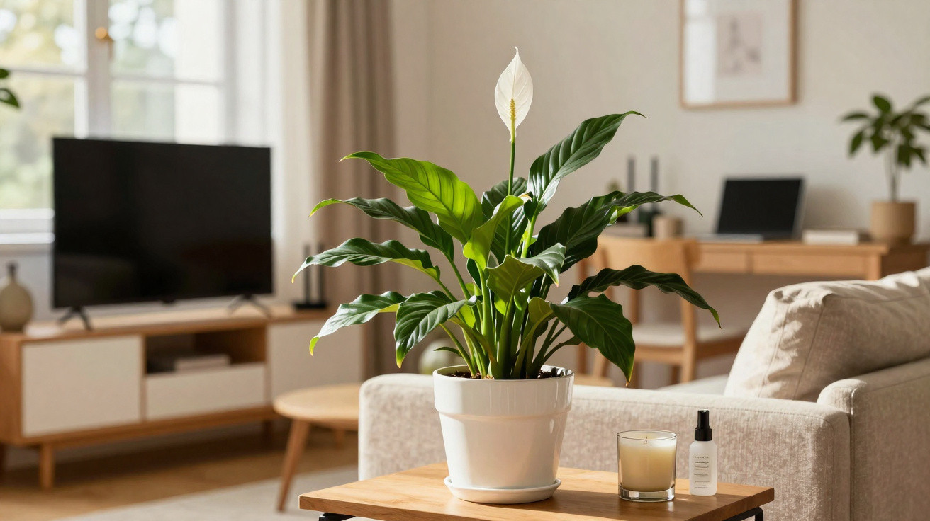 Planta com flor branca em vaso branco numa mesa junto a sofá num ambiente de sala de estar moderno e iluminado.