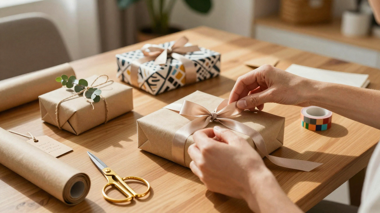 Mãos a decorar uma caixa com fita cetim, rodeada por presentes, fita adesiva, tesoura e papel de embrulho.