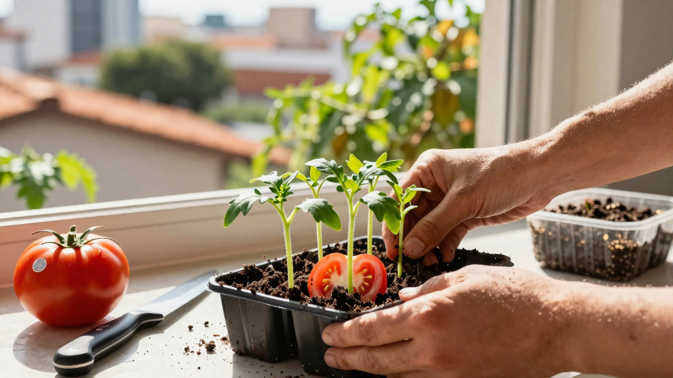 Mãos a plantar mudas de tomate numa bandeja com terra, junto a um tomate maduro e uma faca na janela.