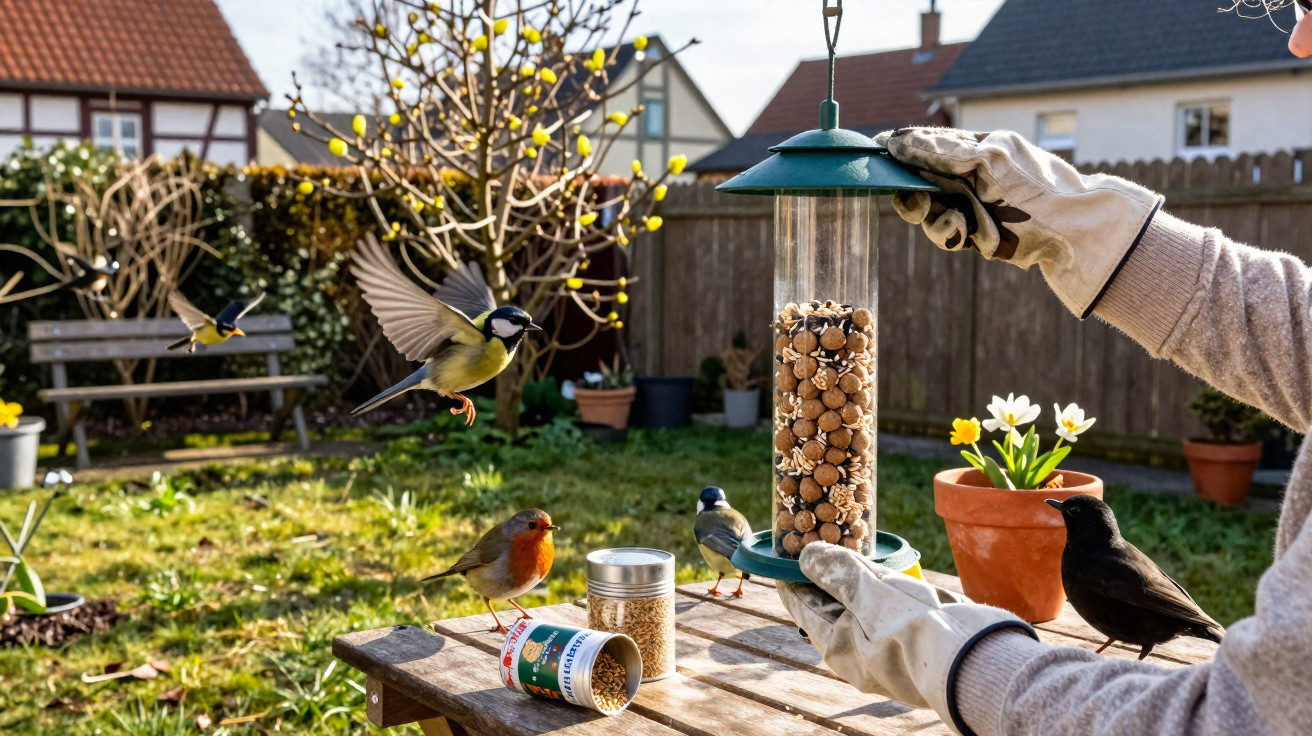 Pessoa a alimentar passarinhos com luvas num jardim com árvores e flores na Primavera.