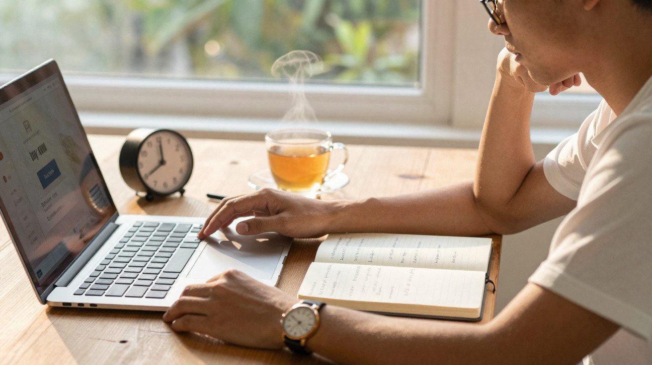 Pessoa a trabalhar no computador portátil com relógio, caderno e chá numa mesa junto a uma janela.