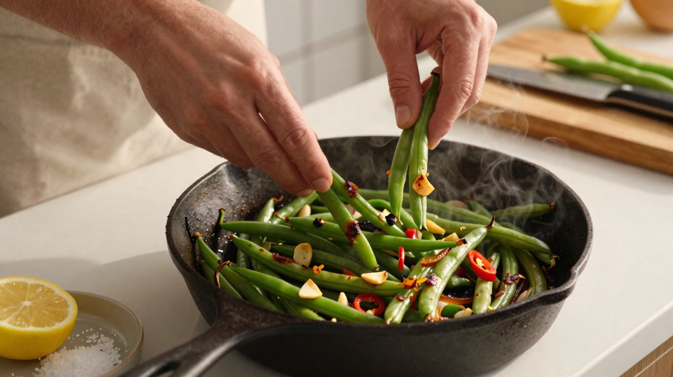 Mãos a preparar feijão-verde salteado com alho e pimenta numa frigideira a ferver numa cozinha.