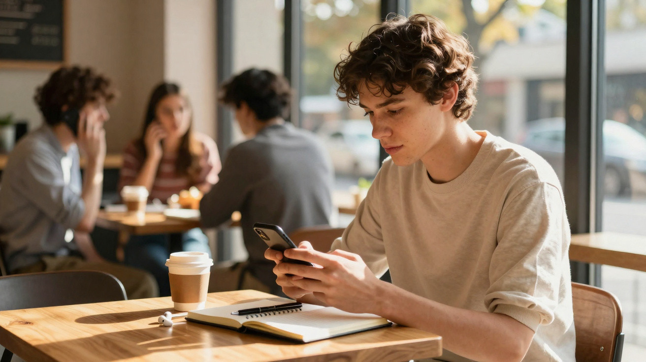 Jovem sentado numa cafeteria a olhar para o telemóvel com caderno e café na mesa.