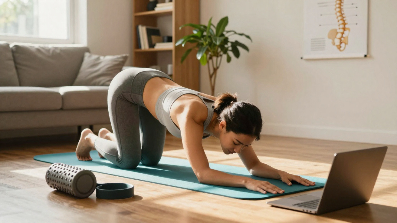 Mulher a fazer exercício de alongamento no tapete de yoga em casa, com laptop e acessórios próximos.