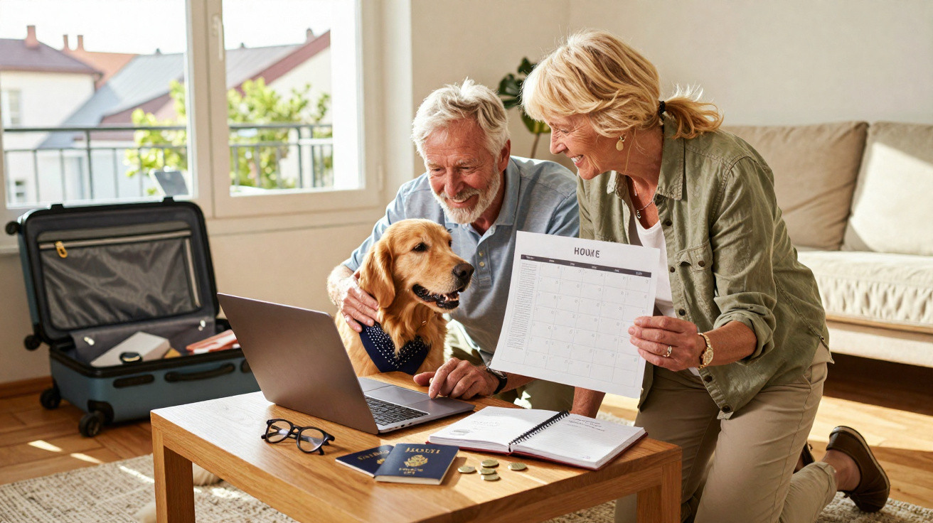 Casal sénior com cão ao computador, planeando viagem com passaportes e calendário numa mesa.