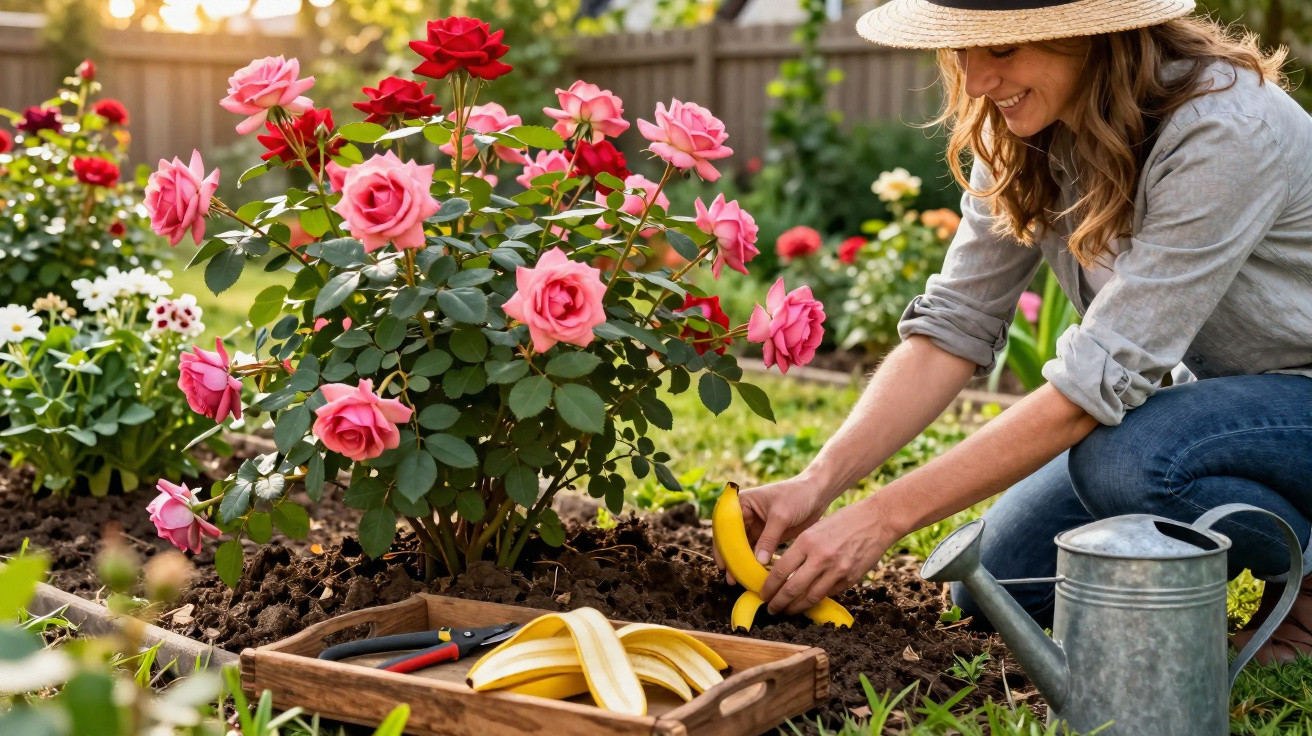 Mulher a cuidar de roseira com flores rosa e vermelhas num jardim ensolarado, segurando banana.