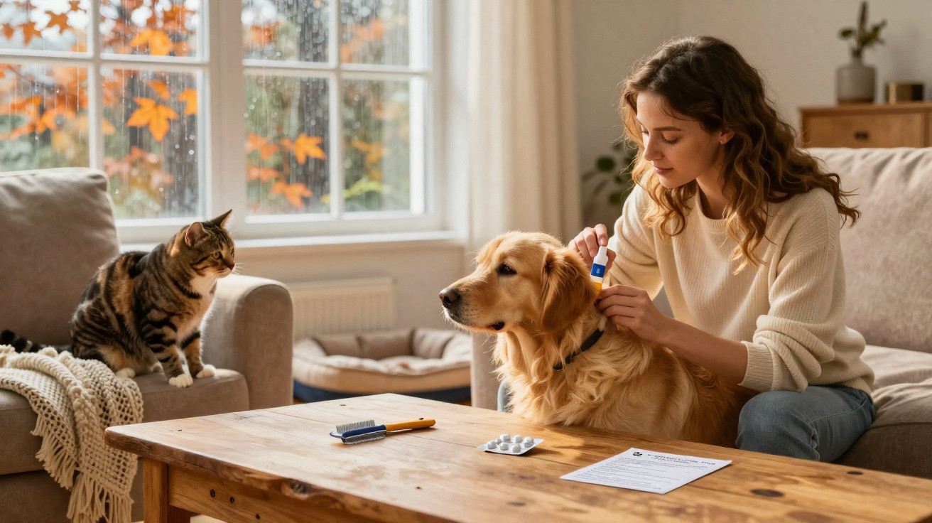 Mulher cuida das orelhas do cão dourado enquanto gato observa numa sala com janela outonal.