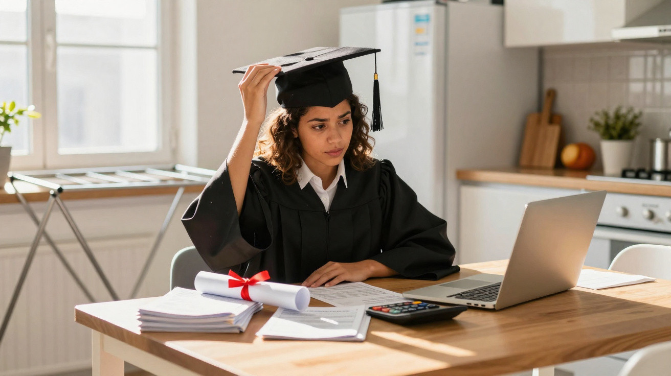Jovem a usar bata e barrete de formatura, sentada numa mesa com diploma e computador portátil numa cozinha.