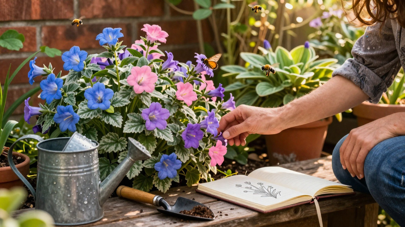 Pessoa a cuidar de flores coloridas num jardim com regador, enxada e caderno de desenho aberto.