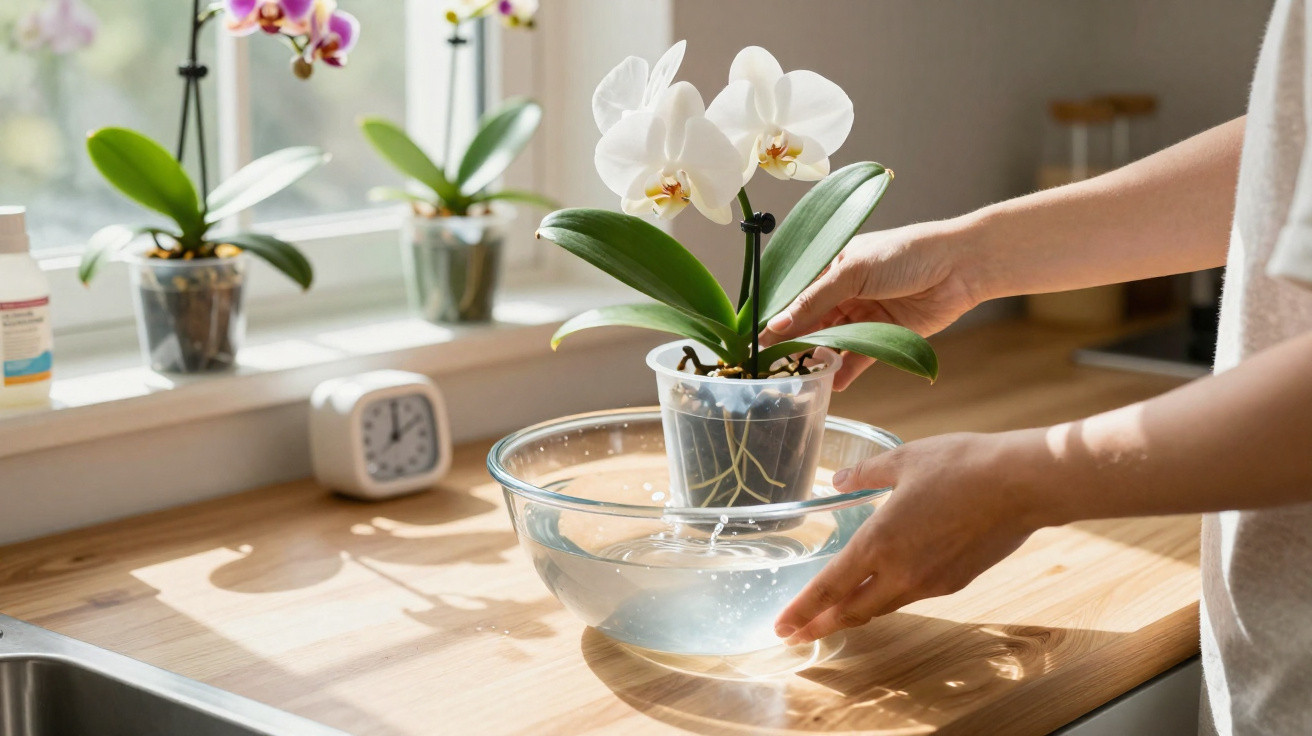 Pessoa a mergulhar uma orquídea branca num recipiente com água numa cozinha iluminada pelo sol.