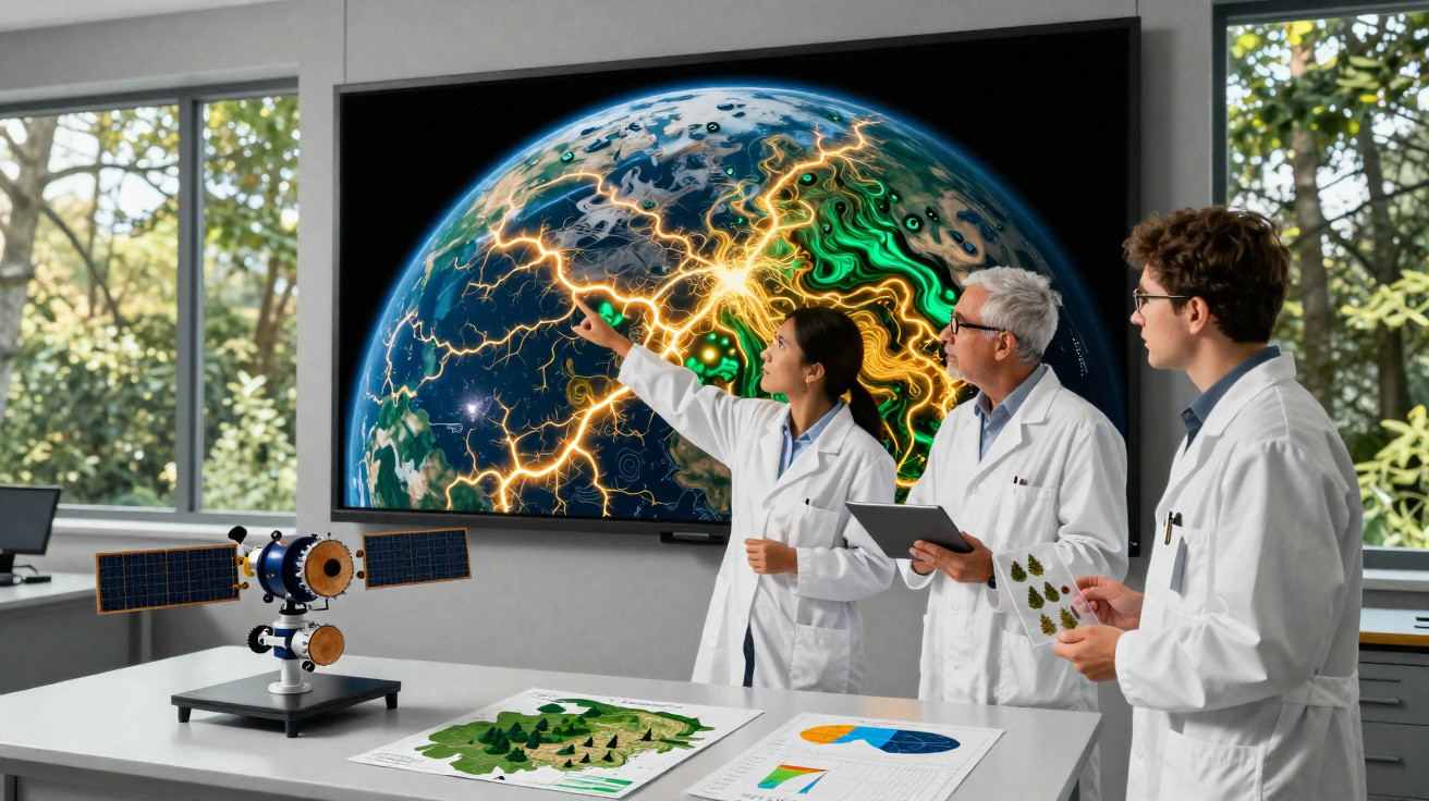 Três cientistas em laboratório analisam dados do planeta Terra exibidos num ecrã grande.