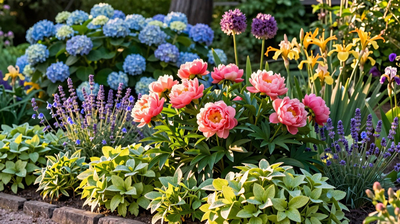 Jardim colorido com peónias cor-de-rosa, hortênsias azuis e flores amarelas e roxas em dia ensolarado.
