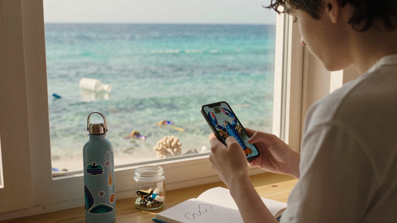 Pessoa a usar telemóvel junto a janela com vista para praia e mar, garrafa de água e caderno na mesa.