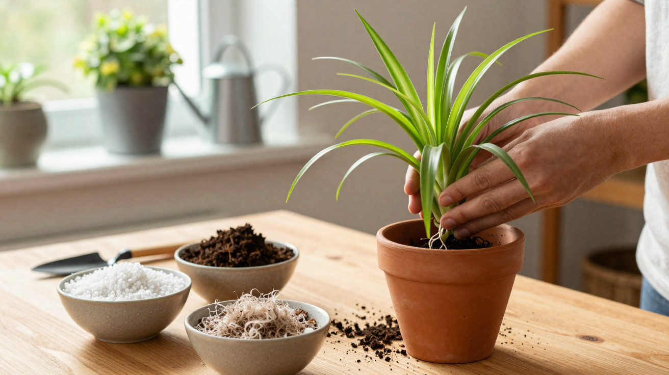 Pessoa a plantar planta verde em vaso de barro numa mesa com terra e fertilizantes em taças.