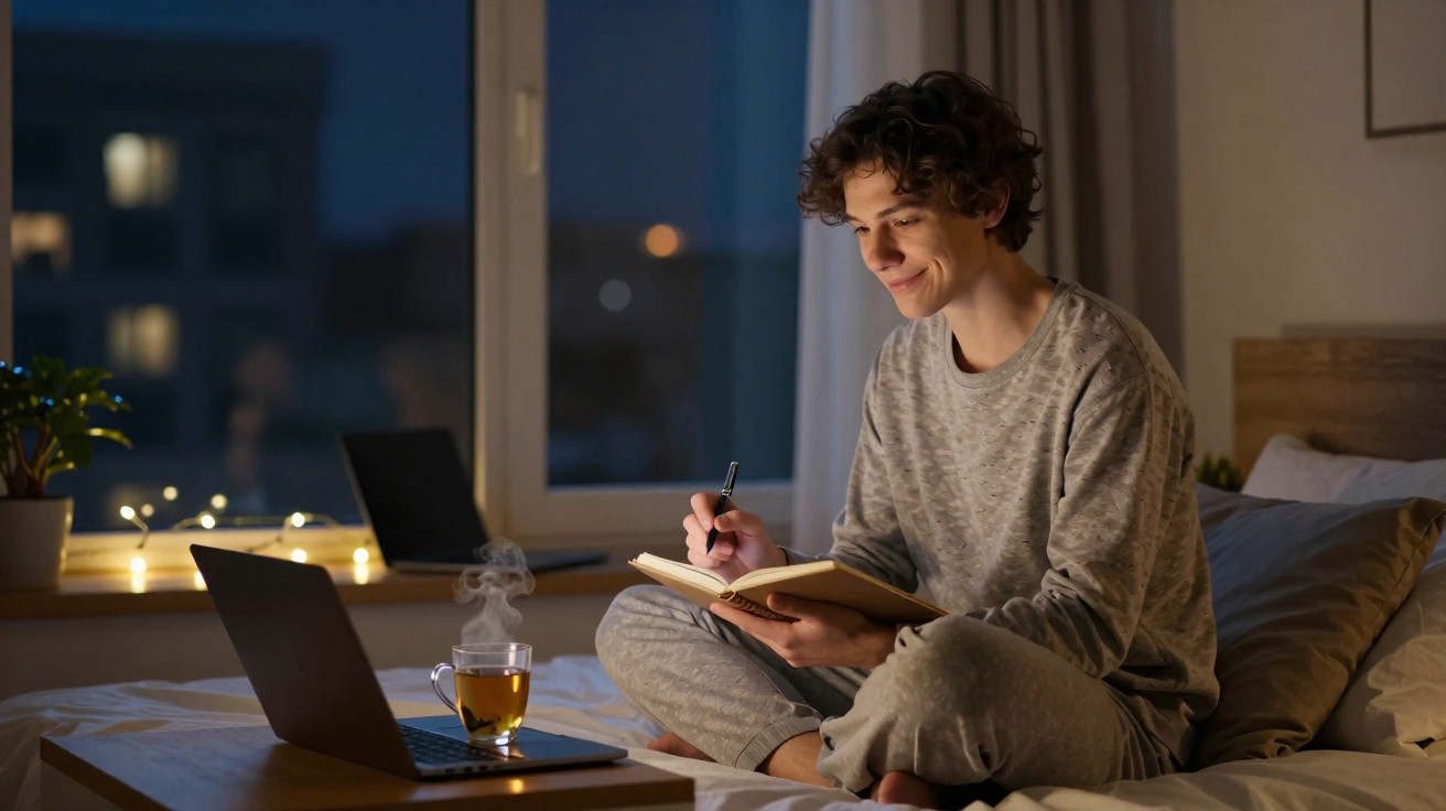 Jovem sentado na cama à noite, escrevendo num caderno, com chá quente e computador portátil à frente.