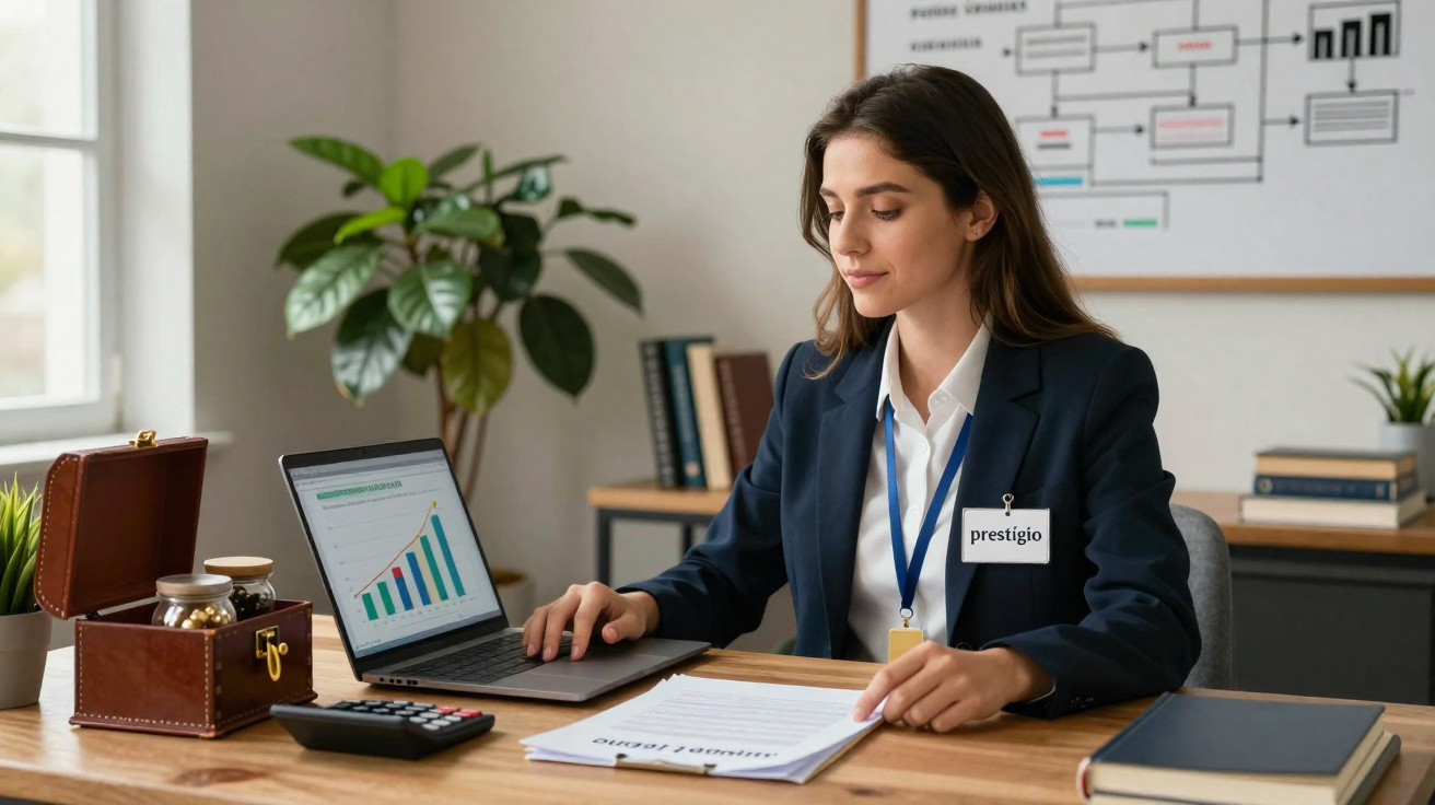 Mulher de negócios sentada à secretária a analisar gráficos numa apresentação no portátil.