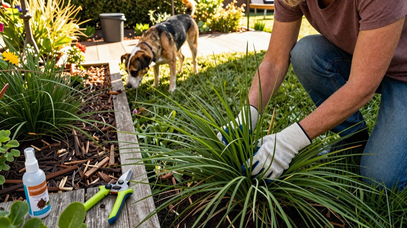 Pessoa a cuidar das plantas num jardim com um cão a observar ao fundo.