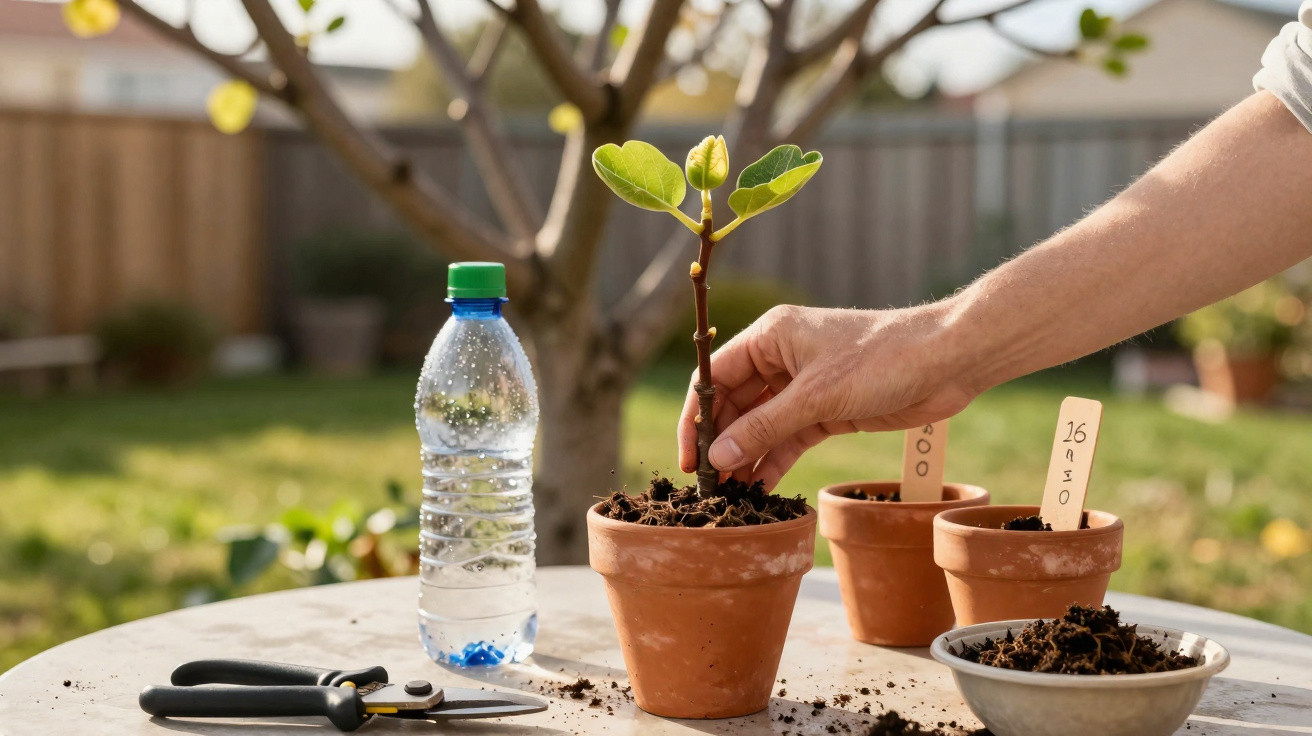 Mão a plantar muda numa vaso de barro em mesa exterior com ferramentas, garrafa de água e outros vasos.