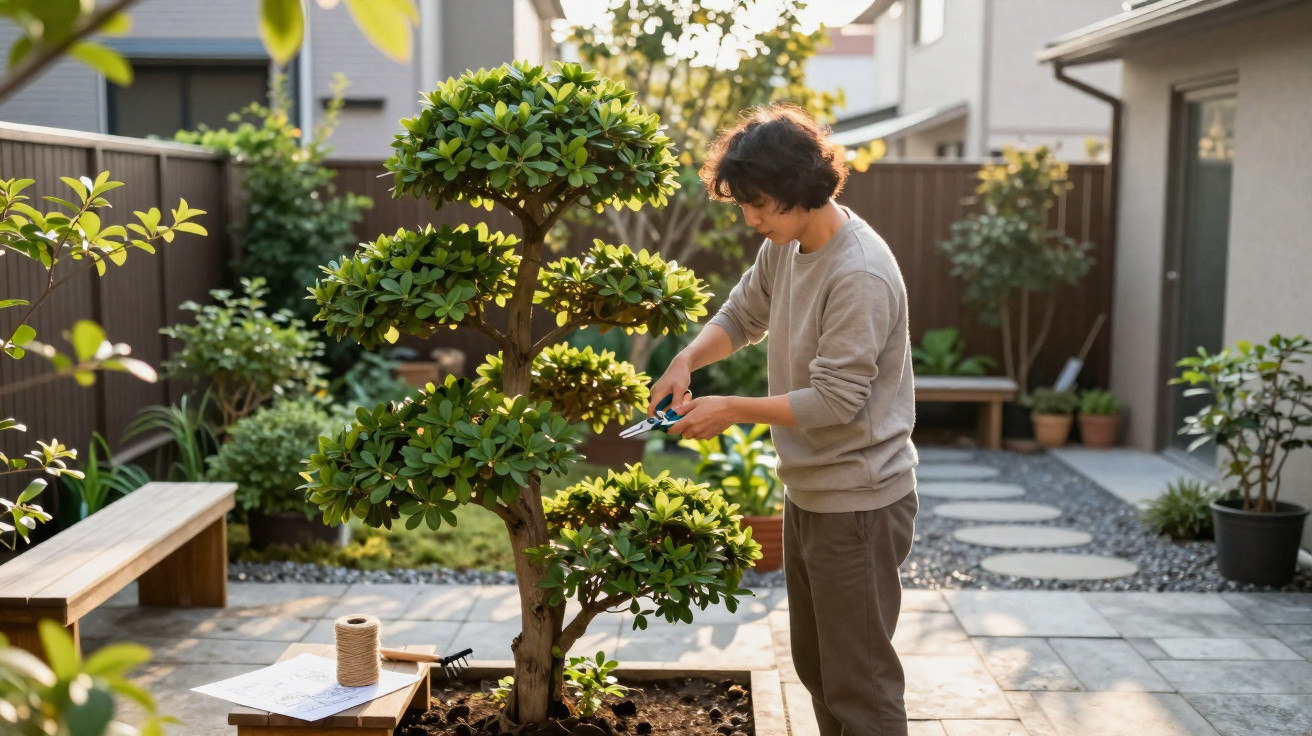 Pessoa a podar uma planta arbórea num jardim exterior durante o dia ensolarado.
