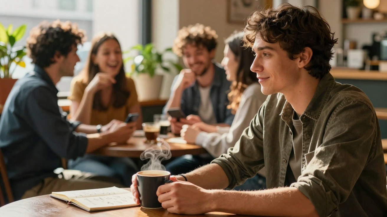 Jovem sentado sozinho numa mesa de café, segurando uma chávena quente, enquanto grupo socializa ao fundo.