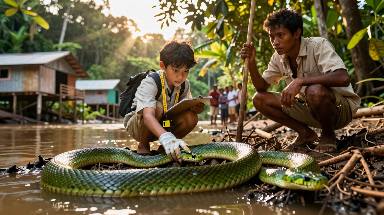 Criança e homem observam e documentam uma cobra verde grande junto a um rio num ambiente natural.