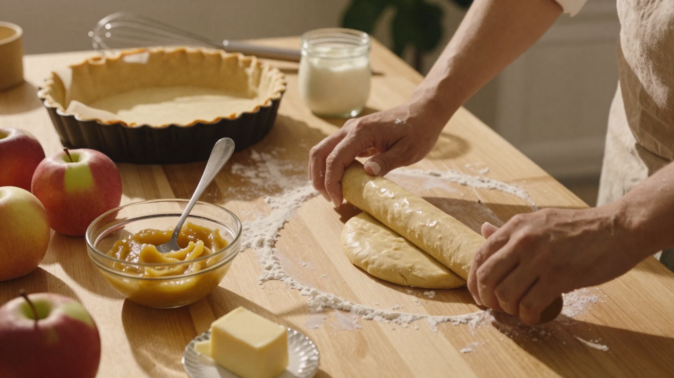 Mãos a enrolar massa numa bancada com farinha, com maçãs, manteiga, compota e forma para tarte ao fundo.