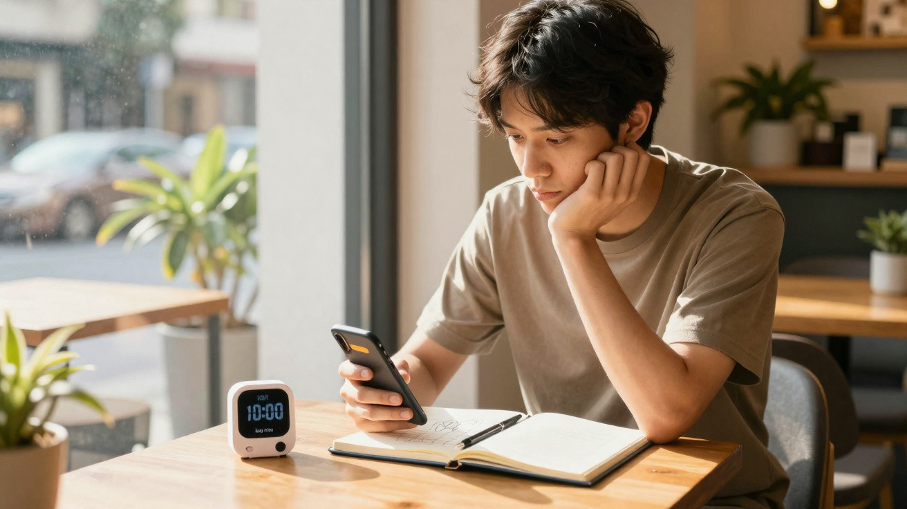 Jovem sentado numa mesa com caderno a olhar para o telemóvel, ao lado um relógio digital mostra 10:00.