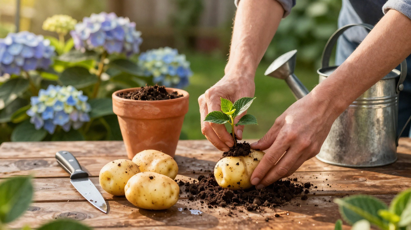 Mãos a plantar batatas com rebento em terra numa mesa de madeira ao ar livre, com regador e vaso.