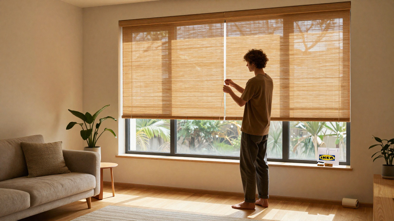Pessoa a levantar estores de bambu numa sala luminosa com sofá, plantas e janela grande.
