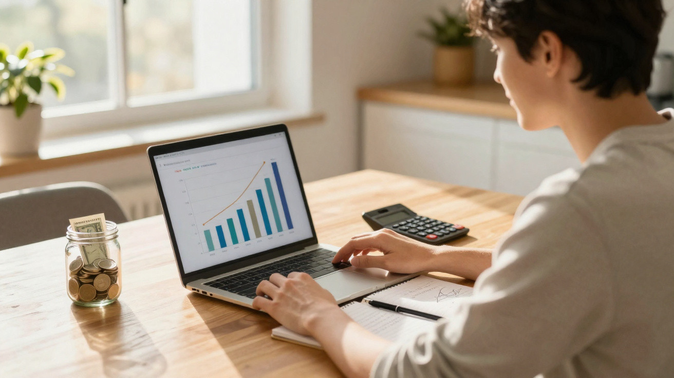 Pessoa a analisar gráficos financeiros num computador portátil numa mesa com cofre, bloco de notas e calculadora.