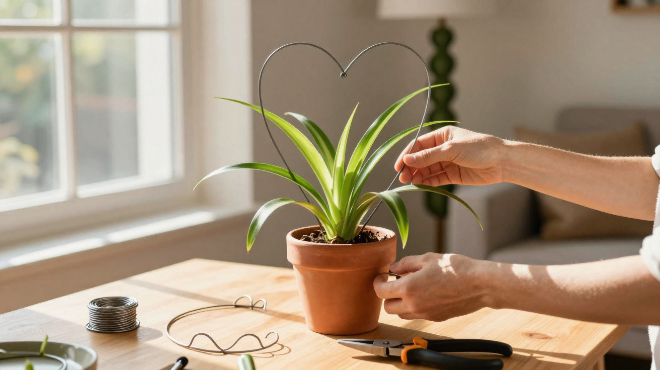 Mãos a colocar suporte de arame em forma de coração numa planta em vaso numa mesa de madeira iluminada por luz natural.