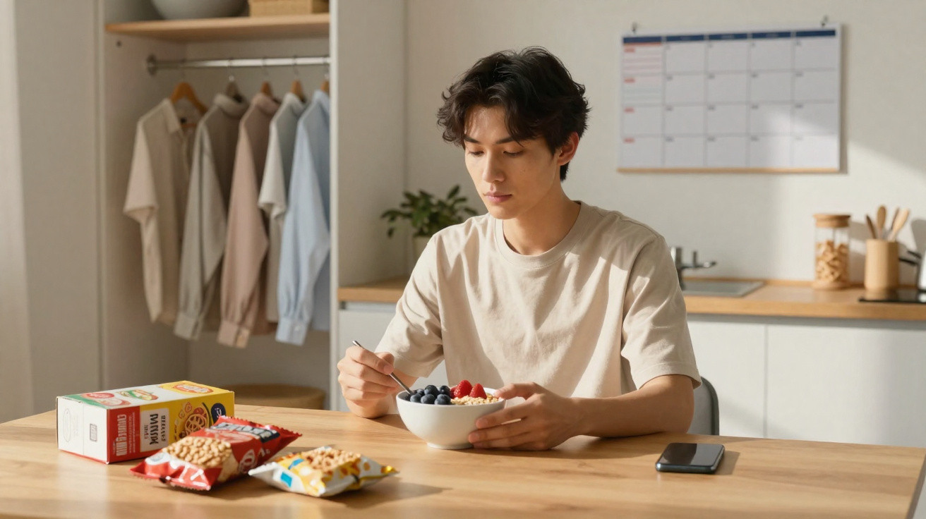 Jovem a comer cereais com frutas numa cozinha moderna enquanto está sentado a uma mesa de madeira.