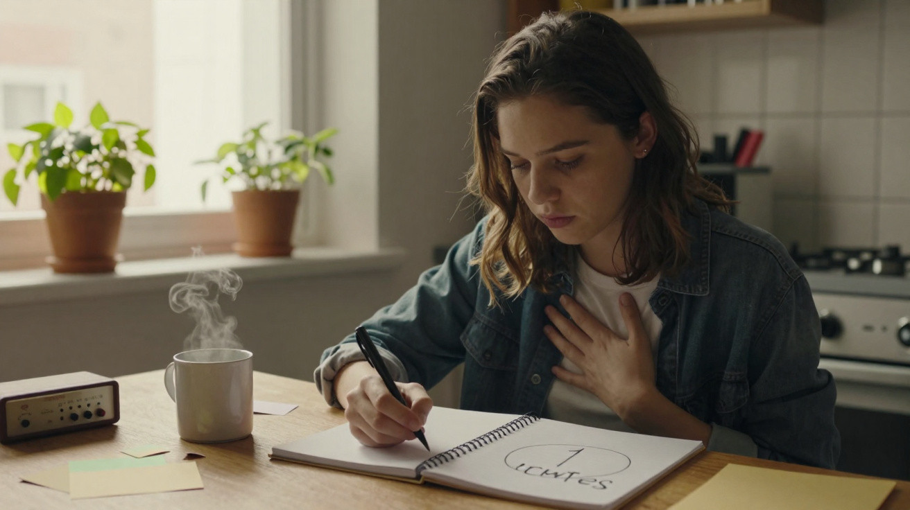Mulher sentada a escrever num caderno com a palavra "Crenças" numa cozinha iluminada pela luz natural.