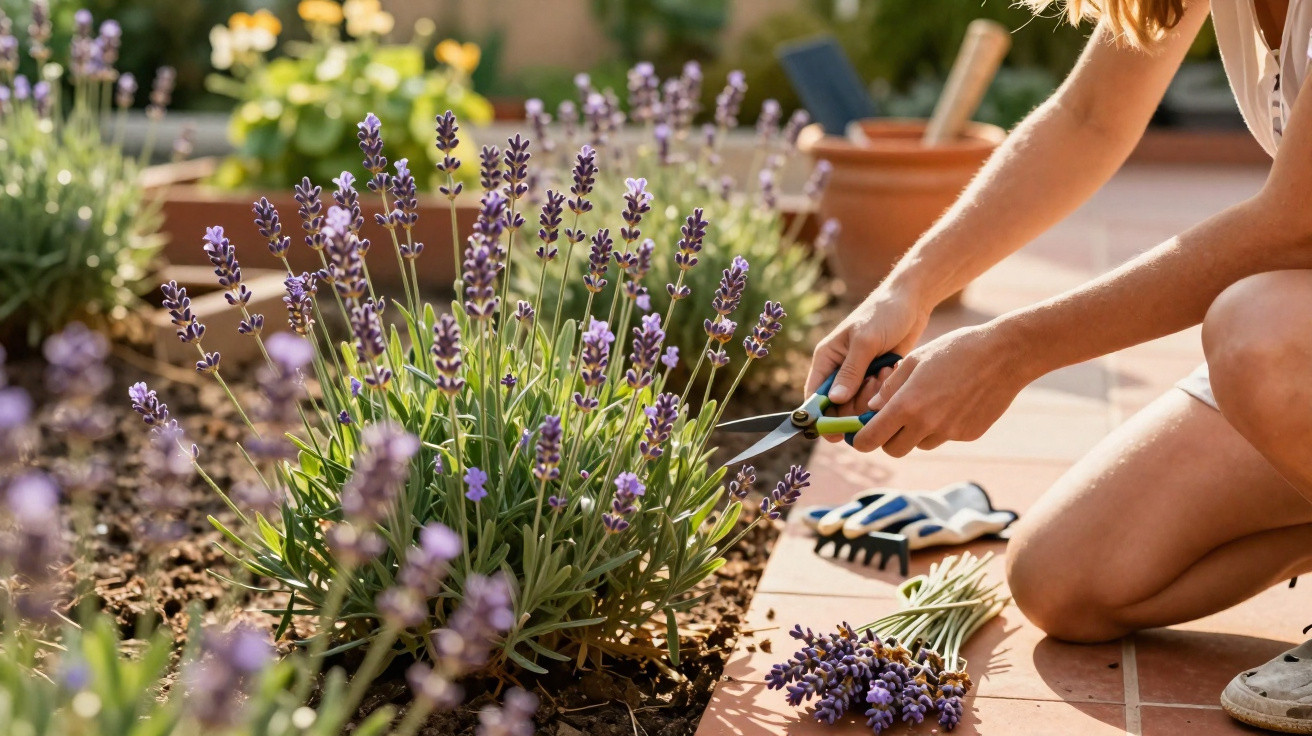 Pessoa a cortar flores de lavanda num jardim exterior com tesoura de poda, junto a uma varanda.