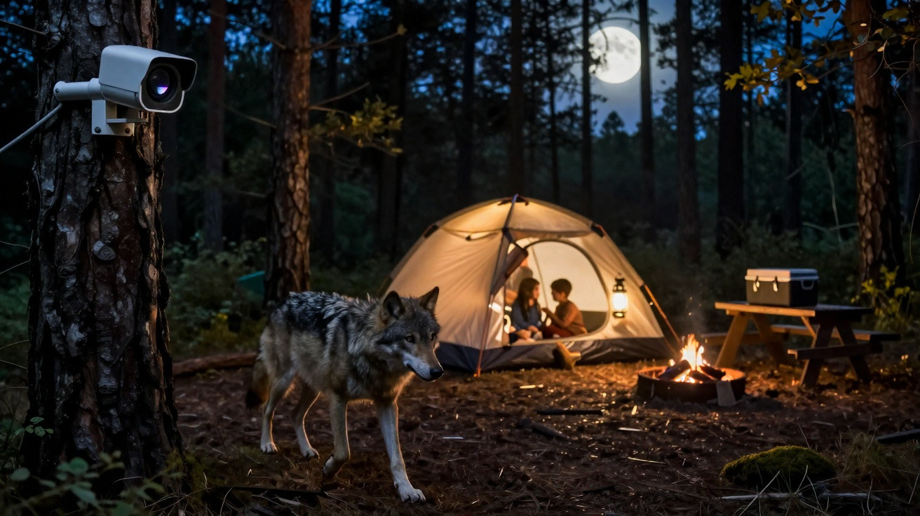 Câmara de segurança a vigiar um lobo junto a uma tenda iluminada numa floresta durante a noite.