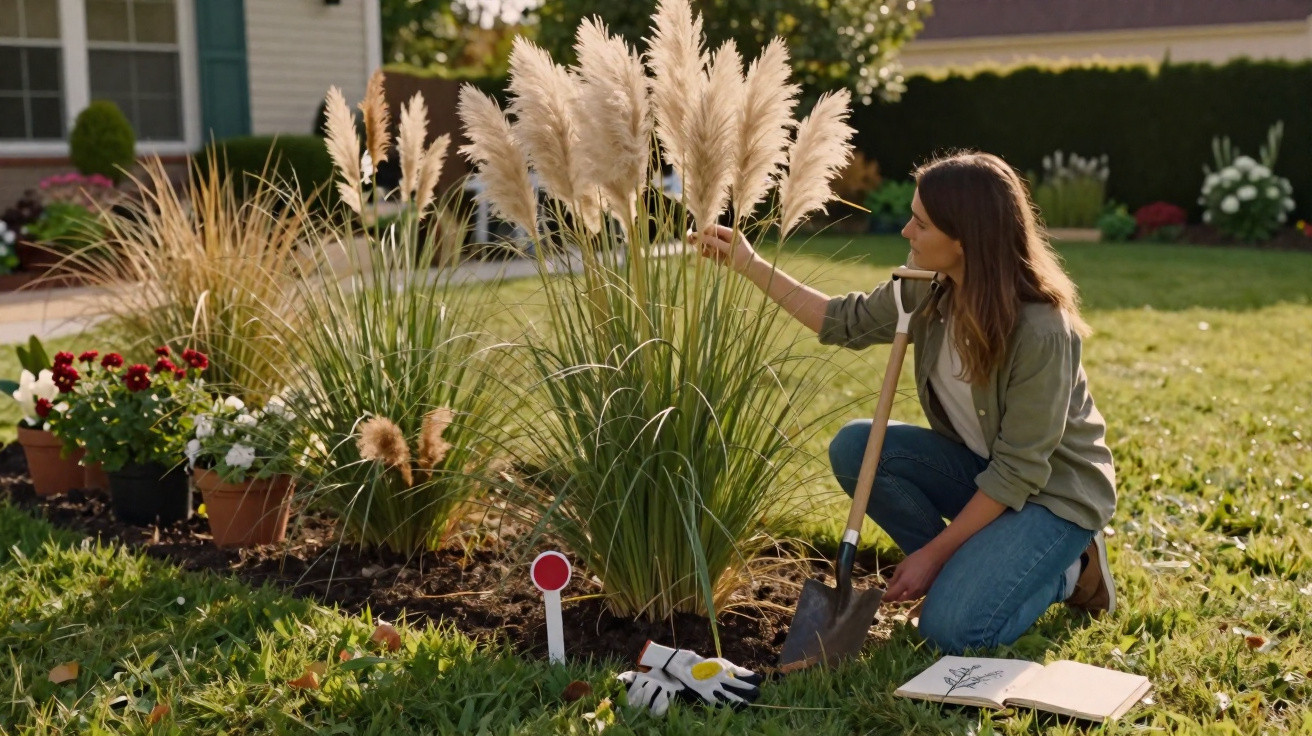 Mulher a cuidar de plantas ornamentais num jardim, examinando folhas junto a ferramentas de jardinagem.