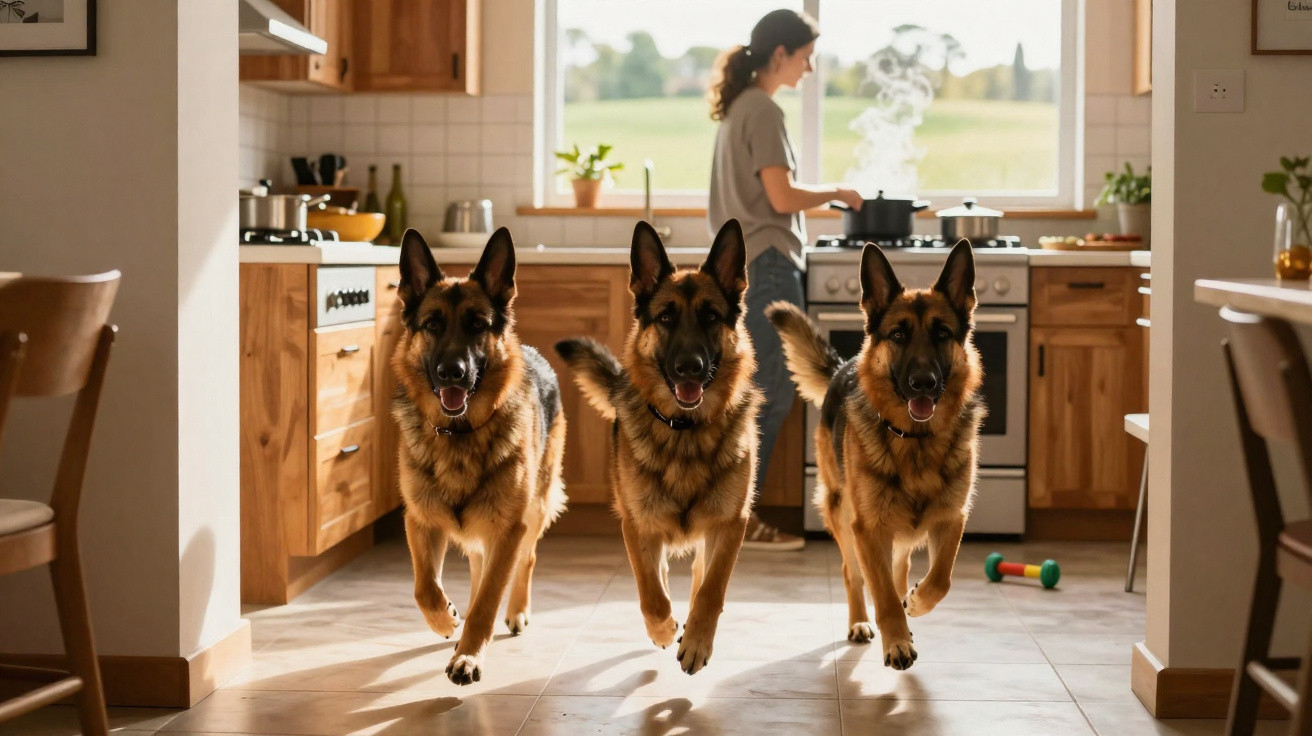 Três cães pastor-alemão a correr na cozinha enquanto uma mulher prepara comida junto à janela.