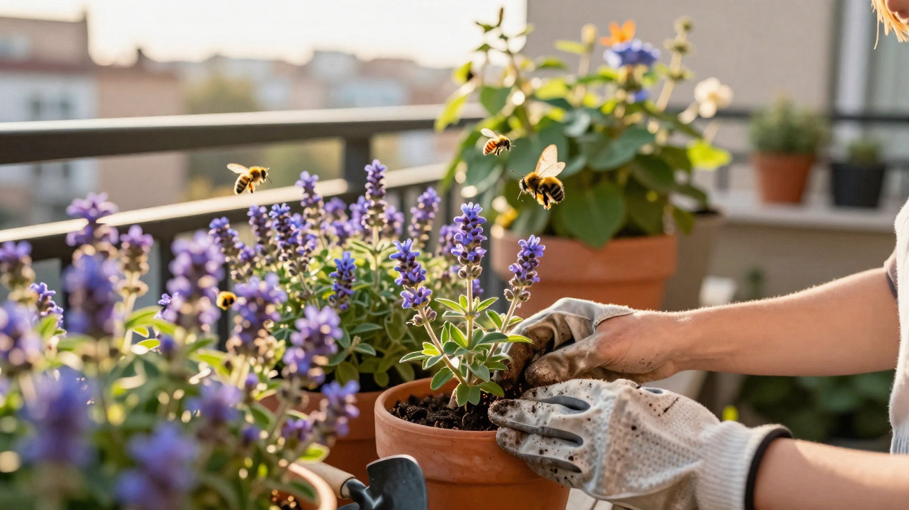 Pessoa a cuidar de plantas de lavanda em vaso num terraço com abelhas a voar perto.
