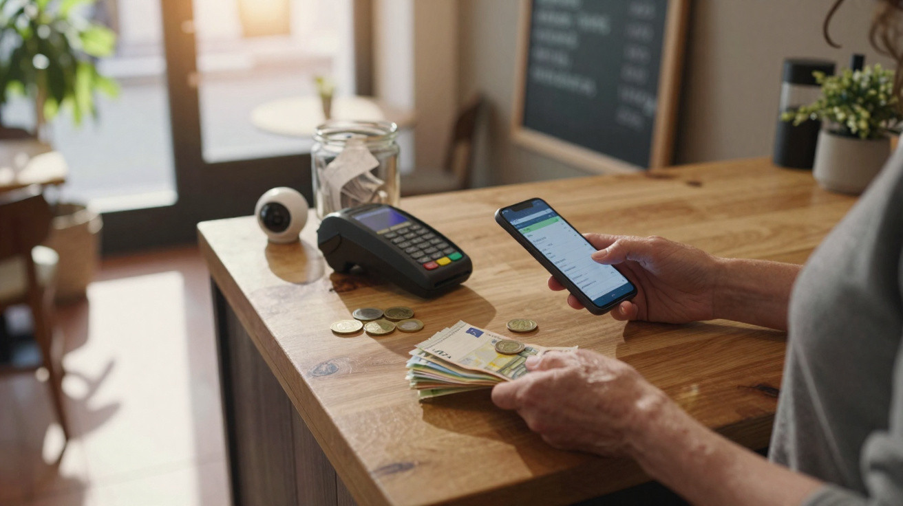 Pessoa a contar dinheiro físico e a usar smartphone numa mesa com terminal de pagamento num café.