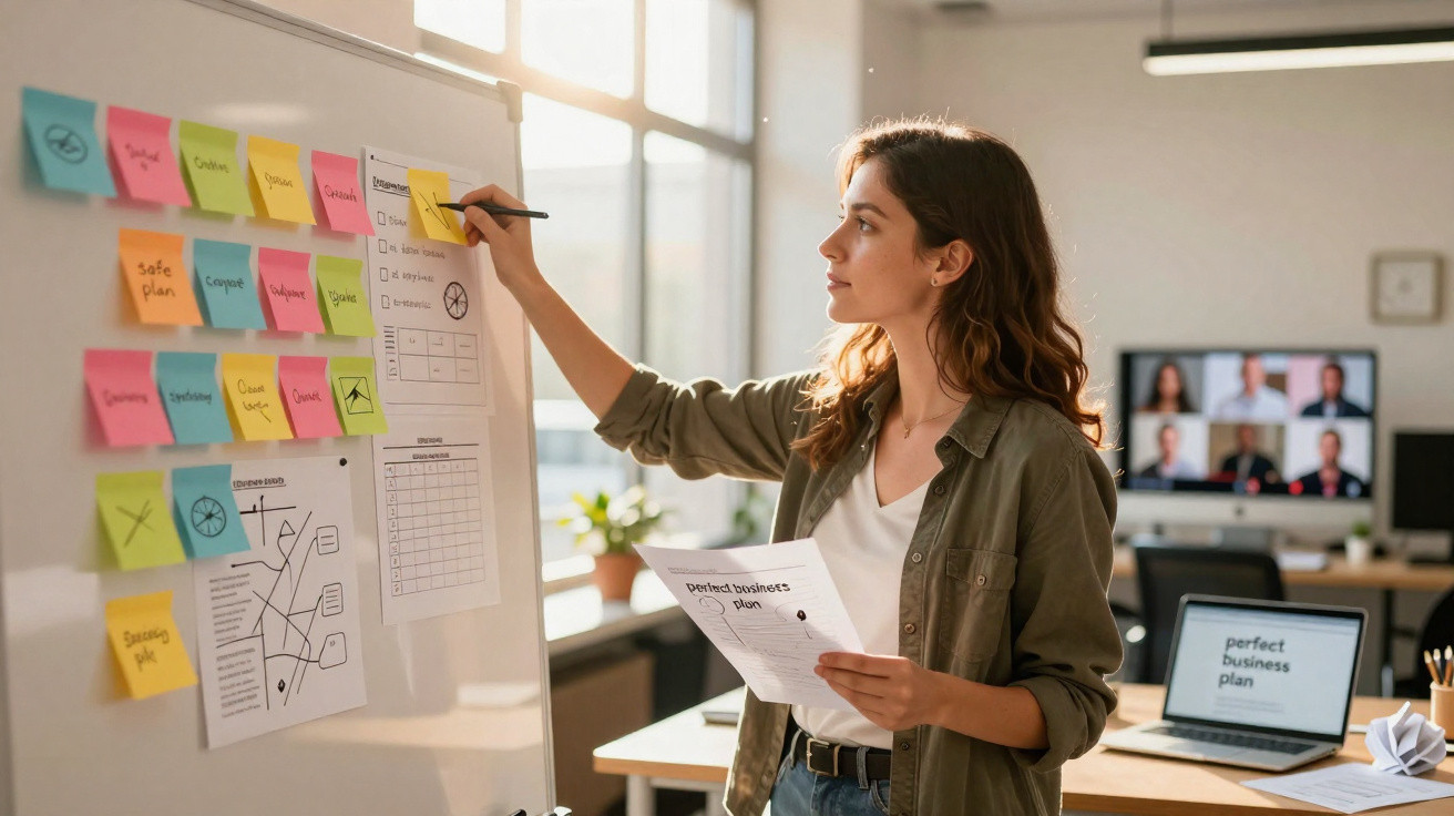 Mulher a escrever num quadro branco com post-its e folhas, em escritório com videoconferência ativa.