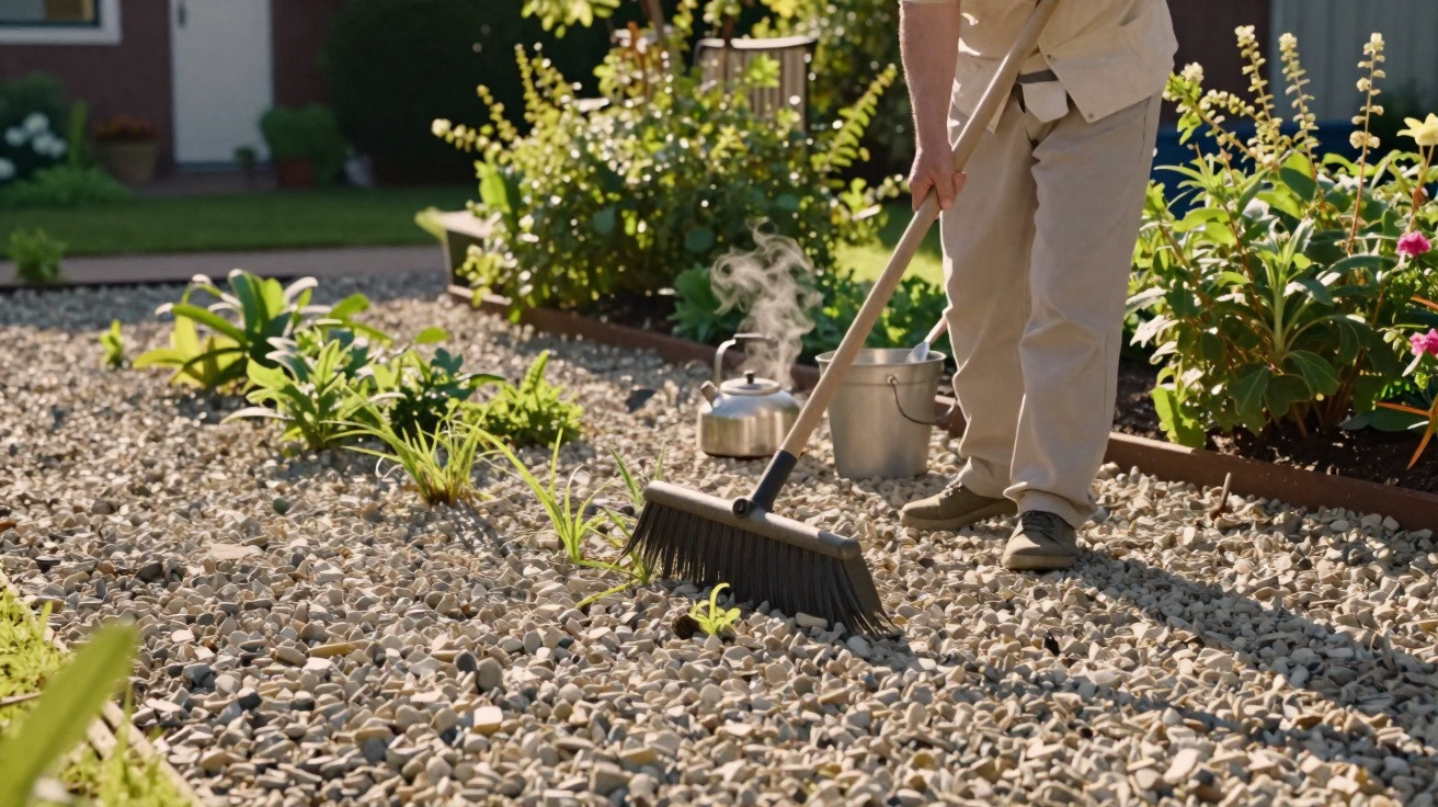 Pessoa a varrer pequenas plantas num jardim de cascalho com vários vasos e plantas ao fundo.
