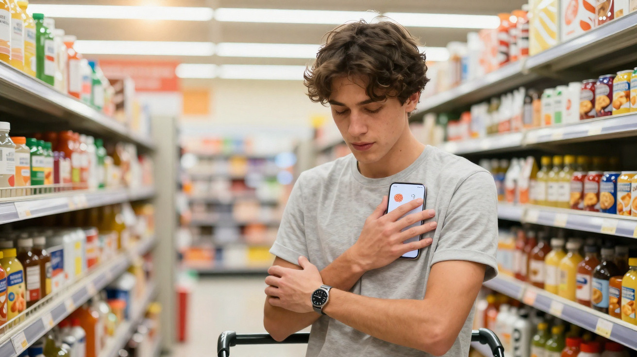 Jovem com smartphone na mão junto ao peito dentro de supermercado entre prateleiras com garrafas.
