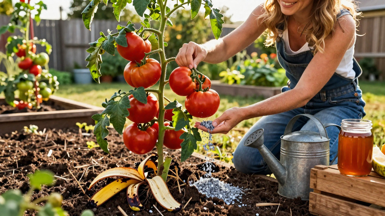 Mulher a cuidar de tomateiras num jardim, espalhando fertilizante junto a tomates maduros.