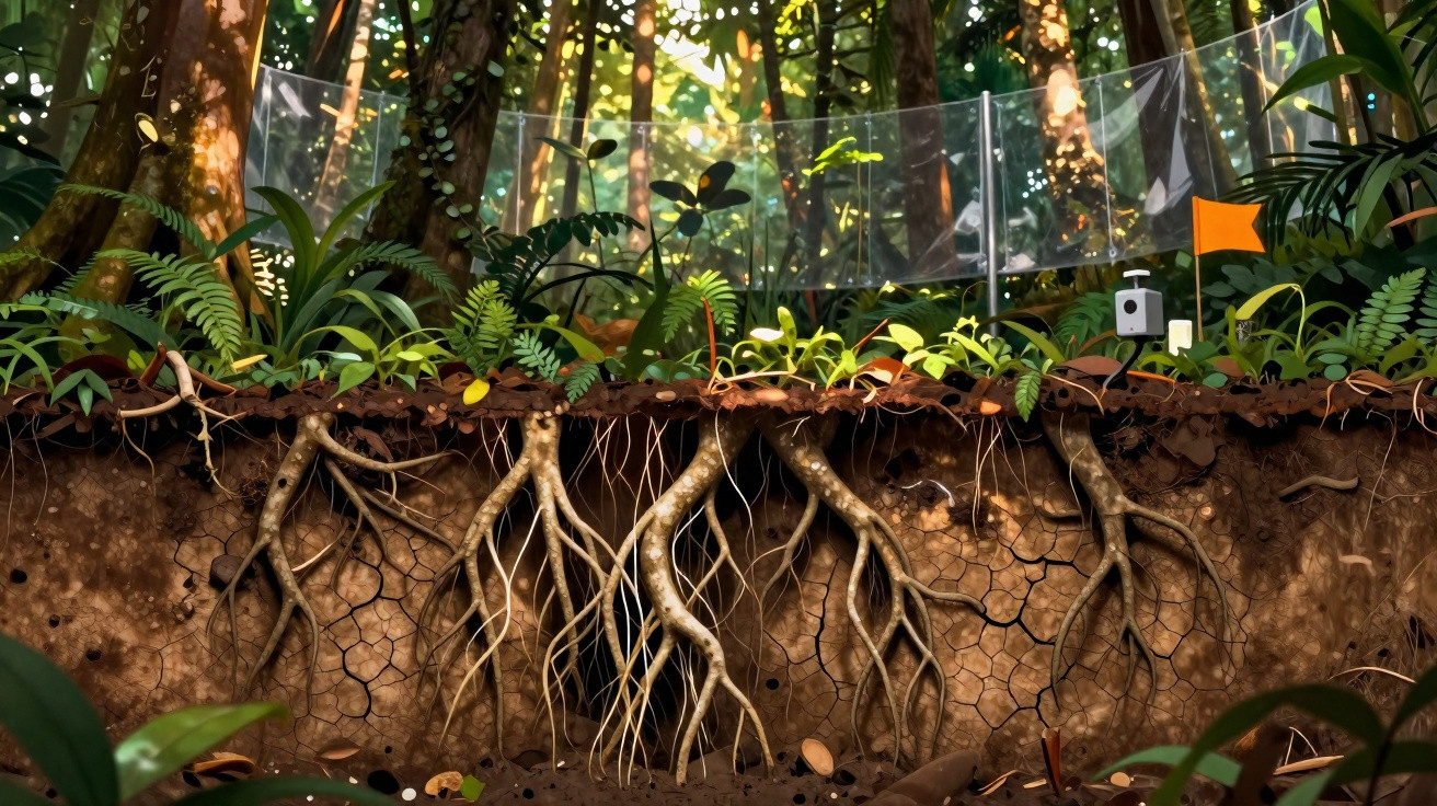 Raízes de árvores e plantas visíveis no solo com floresta e cerca transparente ao fundo.