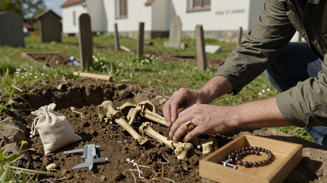 Pessoa a escavar ossos humanos enterrados num cemitério próximo de igreja, com ferramentas arqueológicas.