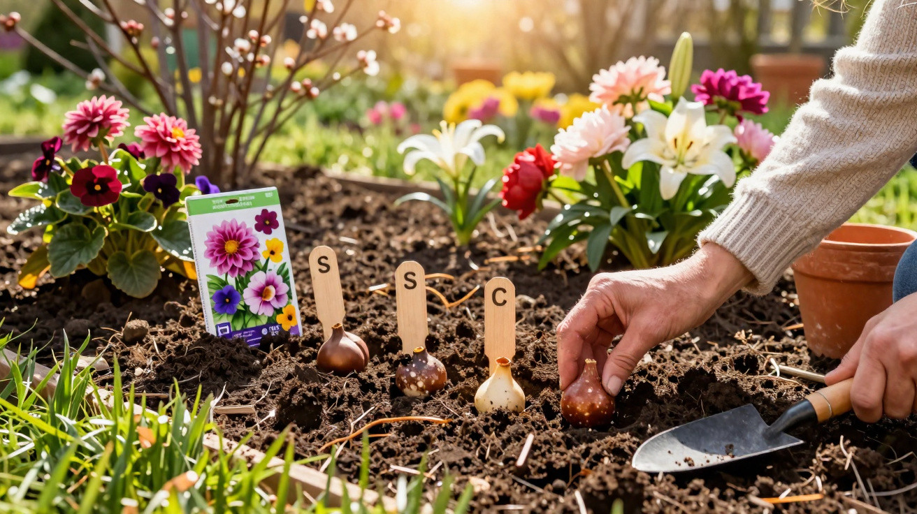 Mãos a plantar bolbos de flores no solo de um jardim com várias flores coloridas ao fundo.