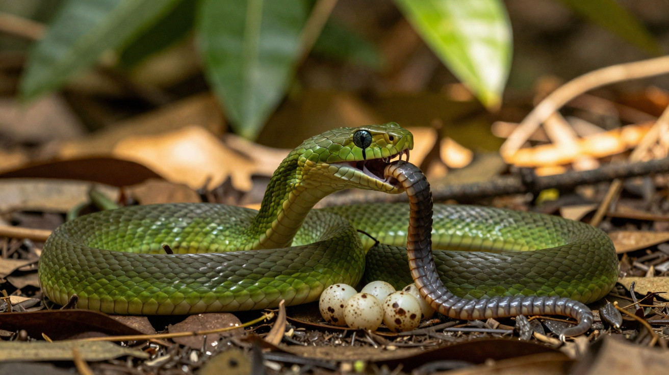 Cobra verde comendo uma lagartixa ao lado de ovos manchados no chão coberto de folhas secas.