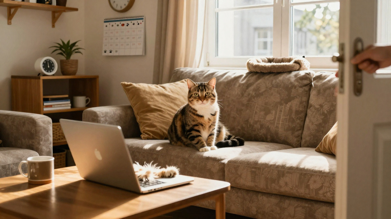Gato sentado no sofá de uma sala iluminada, com computador portátil e caneca numa mesa de madeira.