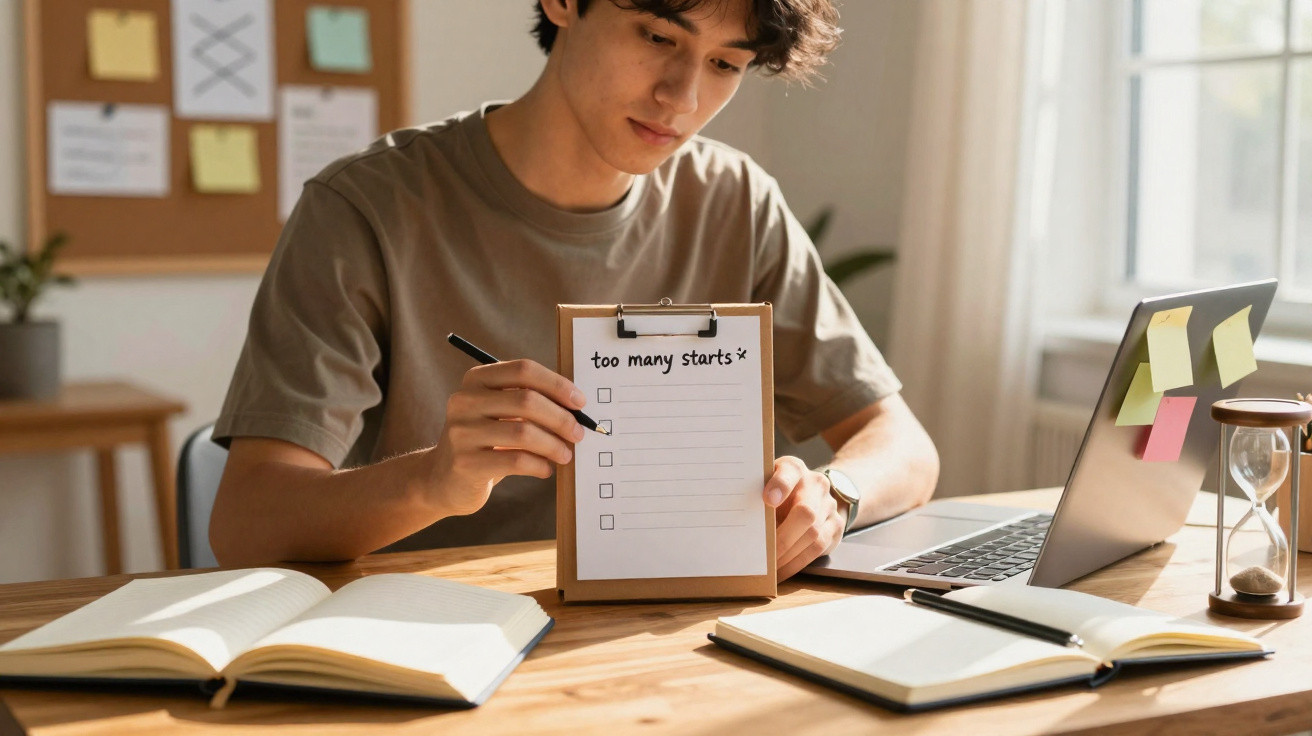 Jovem sentado a apontar para uma lista vazia numa prancheta com "too many starts" escrevido, rodeado de livros e computador.